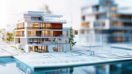 Modern apartment complex design model displayed on architectural blueprint with urban background
