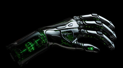 Cybernetic Prosthetics Interface with Green and Gray Robotic Limbs on Dark Background