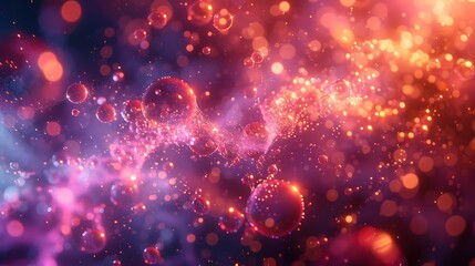 Create an abstract depiction of electrons orbiting around vibrant atomic cores, using a mix of surreal colors and dynamic motion to symbolize chemical bonds and atomic interactions.