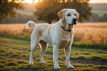 full body of Labrador Retriever dog on blurred countryside background, copy space