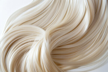 Blonde wavy hair on a white background, a closeup of a blonde curly hairstyle, a fashion concept with long healthy blonde hair in a top view studio shot.