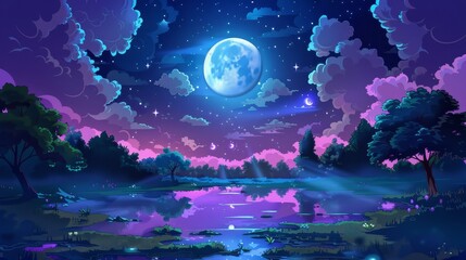 Dark heaven with moonlight romantic fantasy landscape, background, midnight modern illustration, banner with full moon, stars, and clouds.
