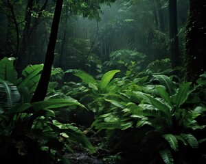Atmospheric image of a patch of Biophytum plants with their sensitive leaves, responding to the tropical rain