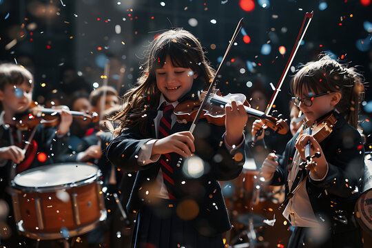 photo of children's orchestra playing different instruments, drums and trombone in the background with confetti flying around them, in the style of a photo studio background with musical notes