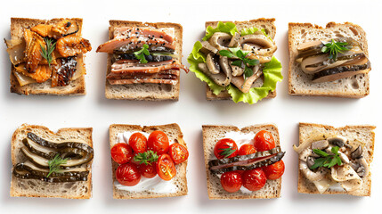 Grid of tasty sandwiches with canned smoked sprats  - obrazy, fototapety, plakaty