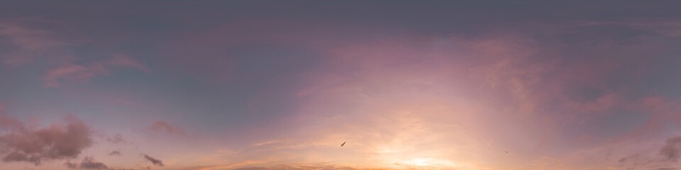 360 panorama of glowing sunset sky with bright pink Cirrus clouds. HDR 360 seamless spherical panorama. Full zenith or sky dome sky replacement for aerial drone panoramas. Climate and weather change.