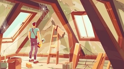 A worker with a hammer is working in a messy basement with broken roofs, floors, clutter, and spiderwebs. Modern cartoon illustration showing a worker in an attic.