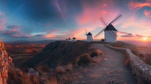 Panoramic image of traditional white windmills on a hill at sunset with colorful sky.