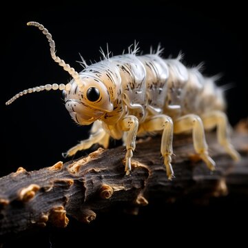 Closeup of a bagworm moth larva in its silk case, highlighting its protective behavior and camouflage on a black background