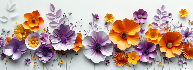 Beautiful 3D Paper Art of Colorful Flowers and Leaves on a White Background