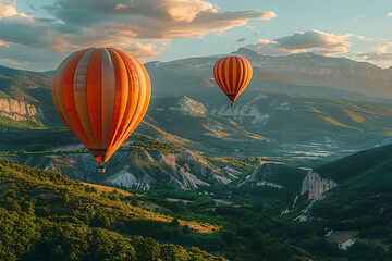 hot air balloons are flying over a beautiful mountain landscape