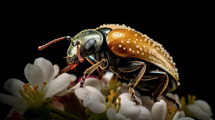 Closeup of a small beetle covered in pollen, set against a black background to highlight its role in pollination