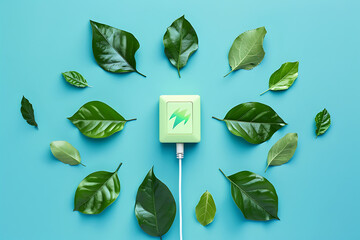 Green electric switch with leafs on blue background, top view. On light pastel color surface flat lay concept of eco friendly energy saving or ecology technology