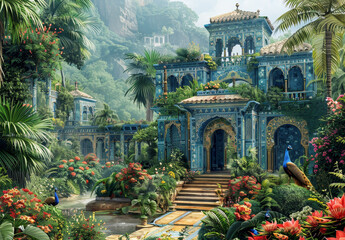 Dreamy exotic jungle scene with lush greenery, ornate temples, and vibrant flowers