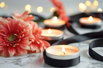 Chrysanthemum flowers with black funeral