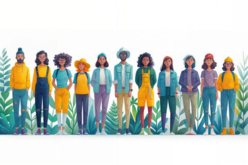 Group of Young People Different Professions Standing Next to Each Other. Flat Illustration. Ideal for Banner, Social Media. Copy Space