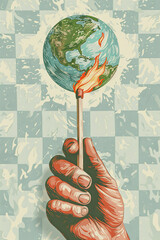 Hand holding a matchstick with a burning Earth as the head in a conceptual artwork
