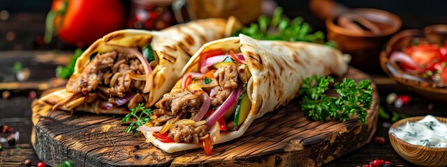 Fototapeta premium shawarma in pita bread with fresh vegetables and creamy sauce on wooden background, Generative AI,
