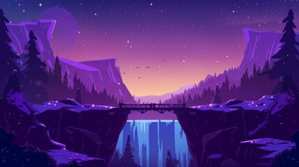 In this cartoon modern illustration, an illustrated log bridge connects mountain edges into a night time landscape of rock peaks, waterfalls and trees under a starry sky.