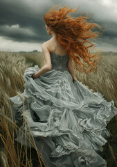 Elegant red-haired woman in grey dress running through a windswept field