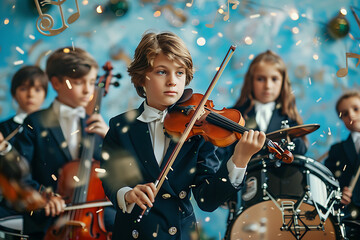 photo of children's orchestra playing different instruments, drums and trombone in the background with confetti flying around them, in the style of a photo studio background with musical notes