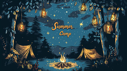 Illustrated night-time summer camp scene with tents and campfire