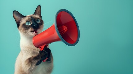 Siamese Cat Holding Megaphone Announcing on Vibrant Turquoise Background