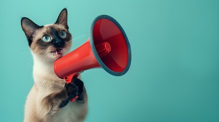 Fototapeta premium Siamese Cat Holding Megaphone Announcing on Vibrant Turquoise Background