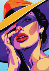 Pop art illustration of a woman with a big hat, with red lips and nails. 