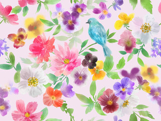 Pansy and Bluebird Seamless Pattern、Hand-drawn Pansy Floral Pattern