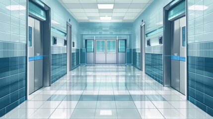 Detailed modern interior of medical clinic, waiting area, lobby with double doors to laboratory. Modern realistic interior of a corridor with metal doors to a laboratory in a hospital room or - obrazy, fototapety, plakaty