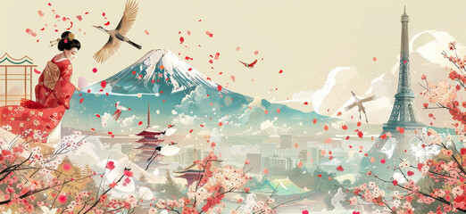 Serene fusion of East and West: Geisha, Eiffel Tower, and Mount Fuji in a picturesque vector illustration