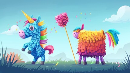 Birthday party pinata and stick made of rainbow crepe paper with candy or surprise inside, ready to play at parties, fiestas, and carnivals. Modern cartoon icons of funny donkey-shaped pinatas.