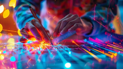 Vibrant close-up of a hand measuring with a ruler amidst dynamic sparks