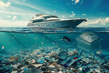  a luxurious yacht floating on clear water against a submerged scene littered with plastic waste, highlighting the environmental issues of ocean pollution.