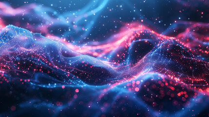 Vibrant abstract digital background with glowing particles and dynamic waves