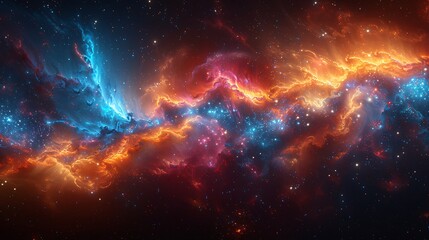 Fototapeta premium A panoramic view of the universe featuring the cosmic dance of dust and nebulae, rendered in high definition with explosive color transitions from cool blues to fiery reds.