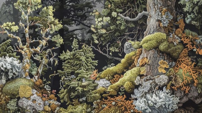 A tapestry woven with wool featuring a natural scene of moss and lichen covering the forest floor adding a touch of cozy texture to any room..