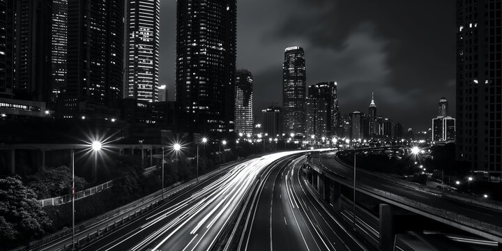 Fototapeta Black and white cityscape showing the dynamic flow of traffic with light trails, reflecting the hustle of city life at night