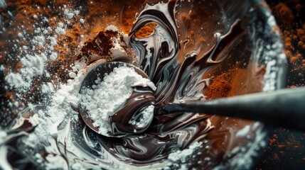 Dynamic depiction of a spoon stirring ingredients with cocoa and powdered sugar in motion