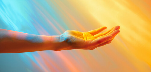Open hand with iridescent blue and orange gradient background