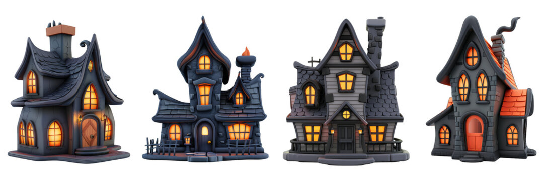 PNG haunted house 3d icons and objects collection, in cartoon style minimal on transparent, white background, isolate