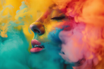 A beautiful woman's face envelope in colorful abstract smoke 