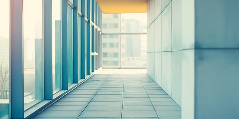 Obraz premium Contemporary architecture showcasing a spacious, bright corridor with reflective glass windows and tiled flooring
