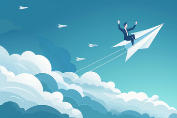 Businessman soaring joyously on a paper plane surrounded by white planes and clouds - obrazy, fototapety, plakaty