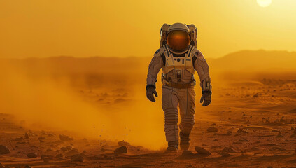 Astronaut in spacesuit walking on a dusty Mars-like terrain at sunset