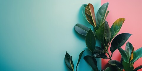 A fresh and modern look with green leaves contrasting against a dual pastel background, symbolizing freshness and growth