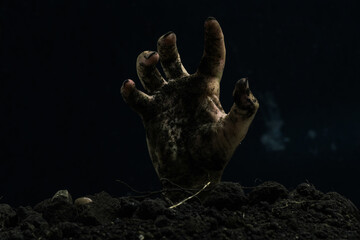 Halloween zombie hand isolated on black background. Horror Halloween concept.