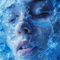 Surreal self-portrait of a subject submerged in water with dynamic splashes - obrazy, fototapety, plakaty