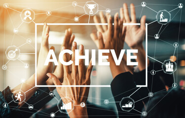 Achievement and Business Goal Success Concept - Creative business people with icon graphic...